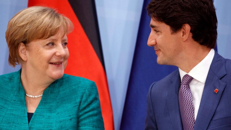 Prime Minister Justin Trudeau speaks with Chancellor Angela Merkel of Germany