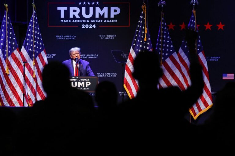 Former U.S. President Donald Trump delivers remarks on education as he holds a campaign rally with supporters, in Davenport, Iowa, U.S. March 13, 2023. REUTERS/Jonathan Ernst