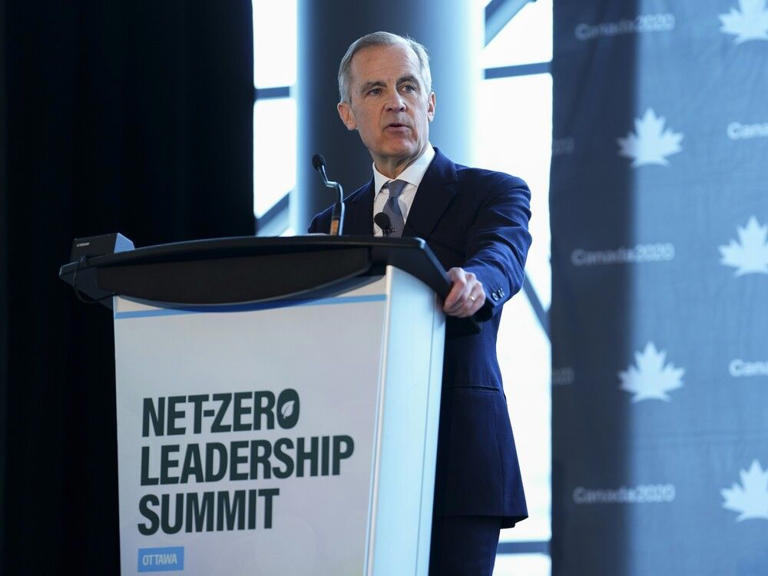 Prime Minister Mark Carney speaks during the Canada 2020 Net-Zero Leadership Summit in Ottawa, Wednesday, April 19, 2023.
