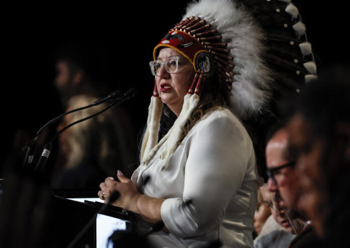 Assembly of First Nations (AFN) National Chief Cindy Woodhouse Nepinak speaks at the Assembly of First Nations (AFN) Annual General Assembly in Winnipeg, Wednesday, Sept. 3, 2025. THE CANADIAN PRESS/John Woods © The Canadian Press