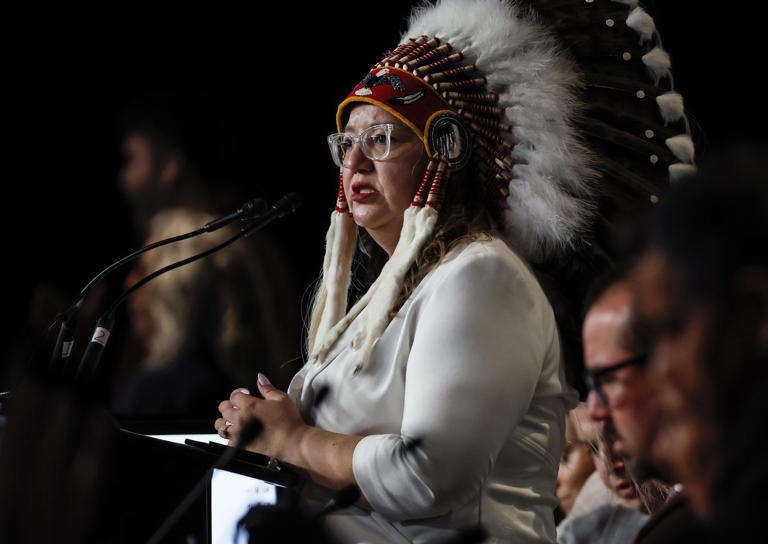 Assembly of First Nations (AFN) National Chief Cindy Woodhouse Nepinak speaks at the Assembly of First Nations (AFN) Annual General Assembly in Winnipeg, Wednesday, Sept. 3, 2025. THE CANADIAN PRESS/John Woods © The Canadian Press