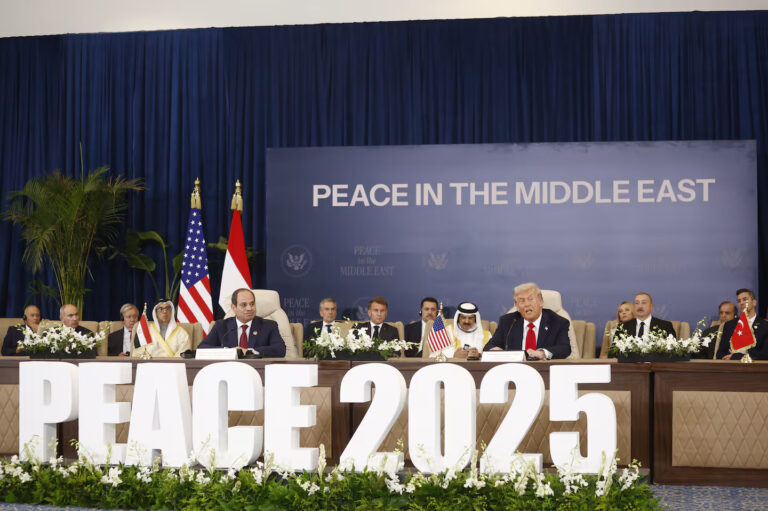 U.S. President Donald Trump and Egyptian President Abdel Fattah al-Sissi, left, attend the signature ceremony at the Gaza International Peace Summit, in Sharm el-Sheikh, Egypt, Monday, Oct.13 2025. (Yoan Valat / AP)